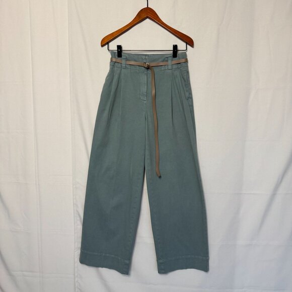 Peserico Sage Green Pleated Wide Leg Gaberdine Tan Silver Hardware Belted Pants - Picture 2 of 16